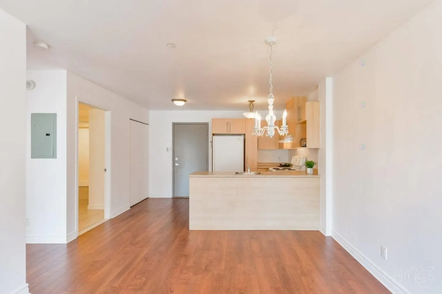 Bright apartment interior with wood floors, white walls, and a kitchen with light wood cabinets and a white chandelier.