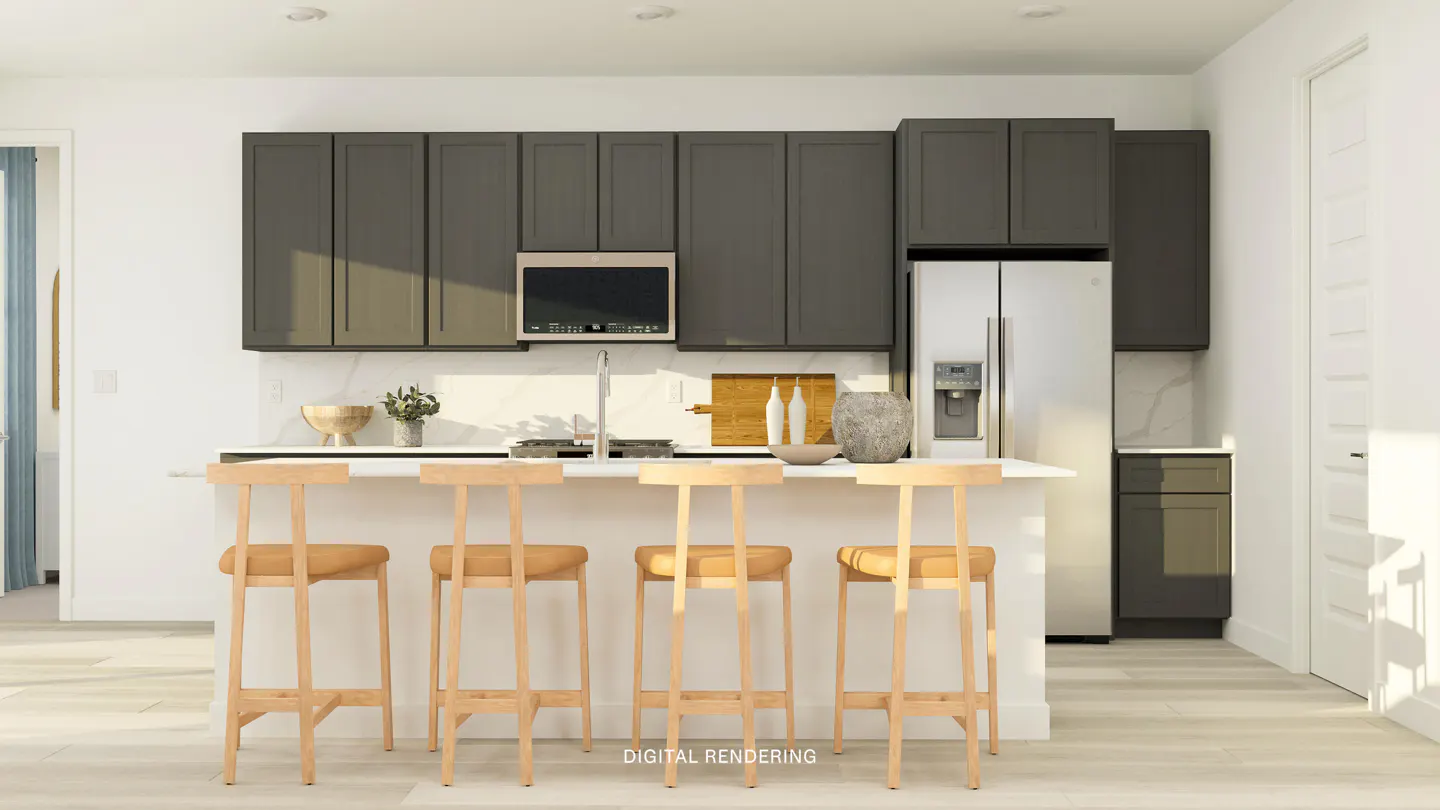 Modern kitchen with gray cabinets, stainless steel appliances, and a white island with four wooden stools.