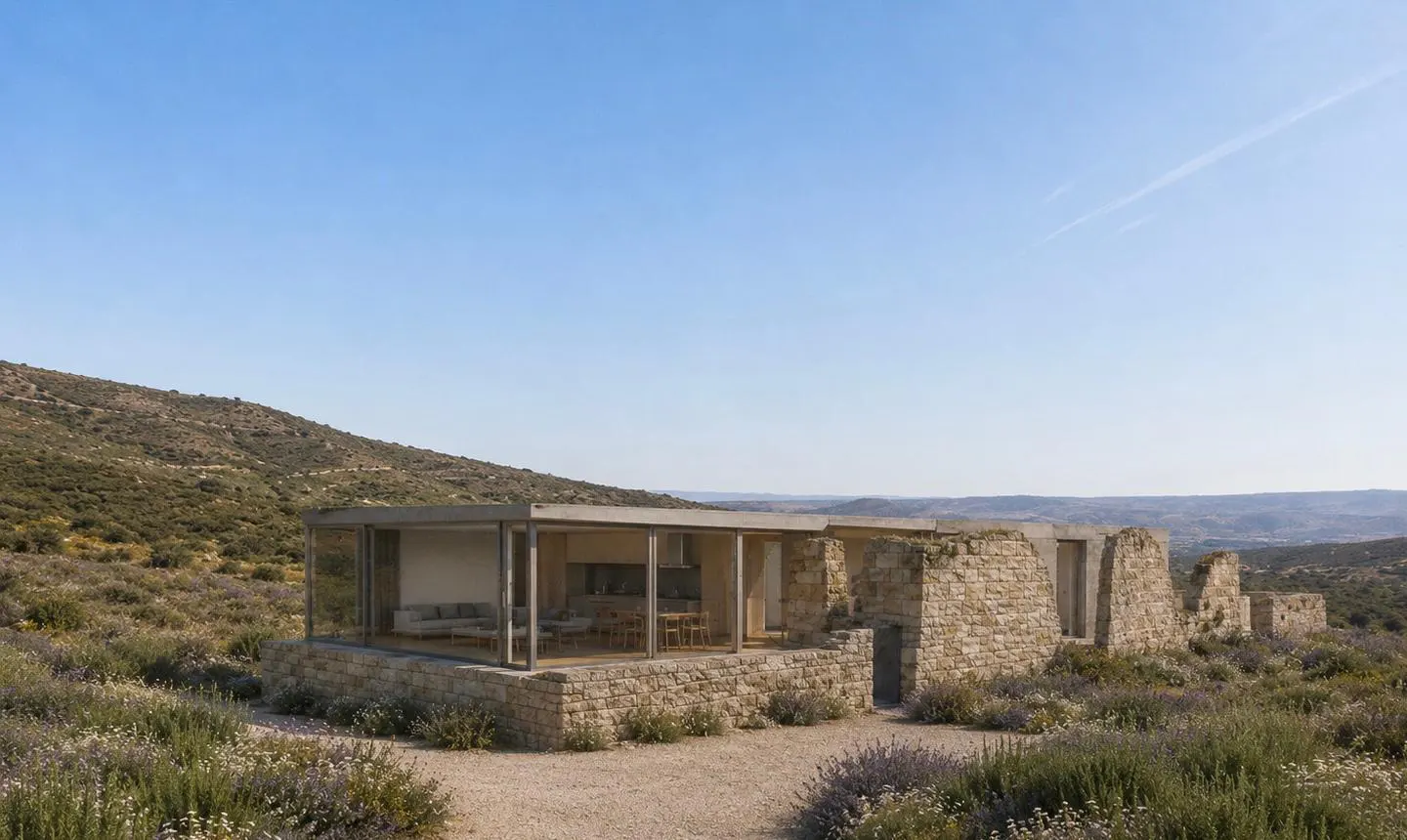 Modern home with glass walls and stone accents, nestled in a hillside landscape with lavender and a clear blue sky.