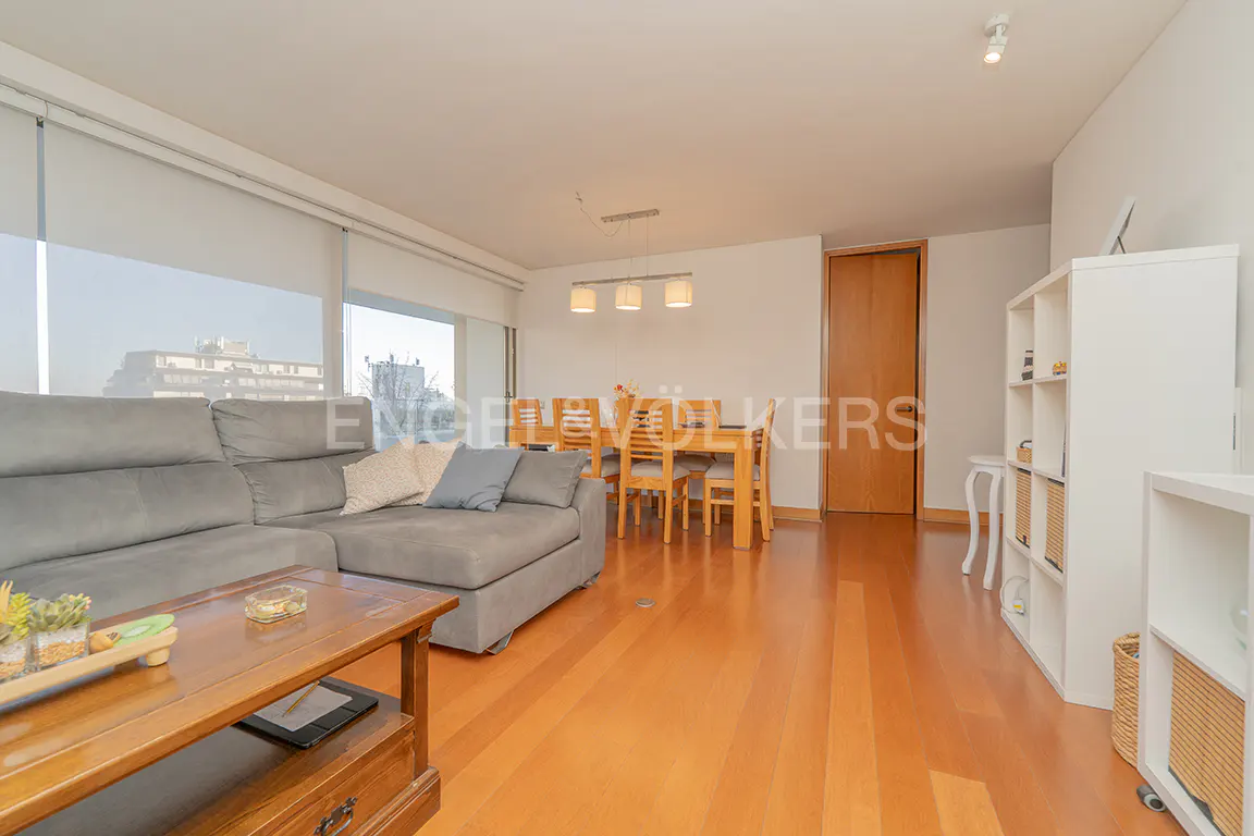 Bright living room with a gray sofa, wooden coffee table, dining table with chairs, and white shelving units on a wood floor.