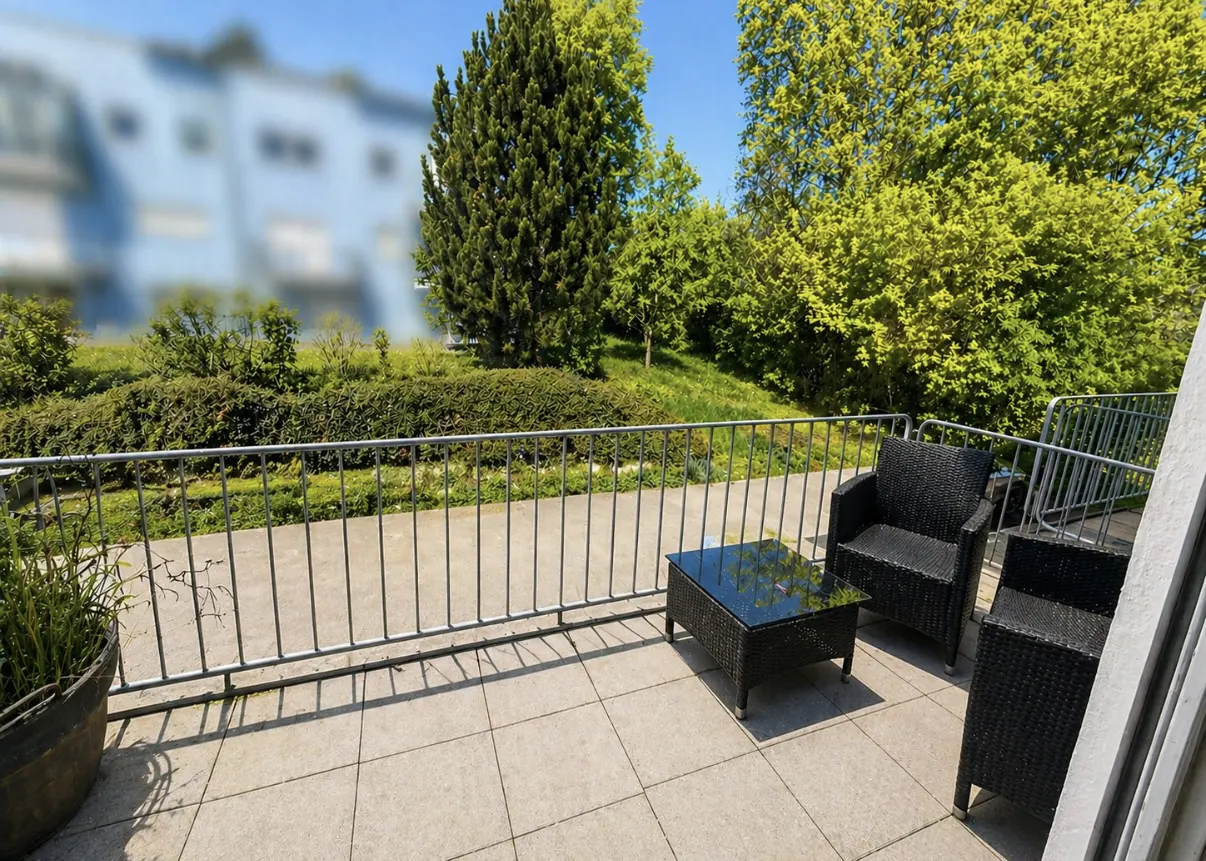Balcony with black wicker chairs and glass table. Metal railing overlooks green trees and a blurred building. Sunny day.