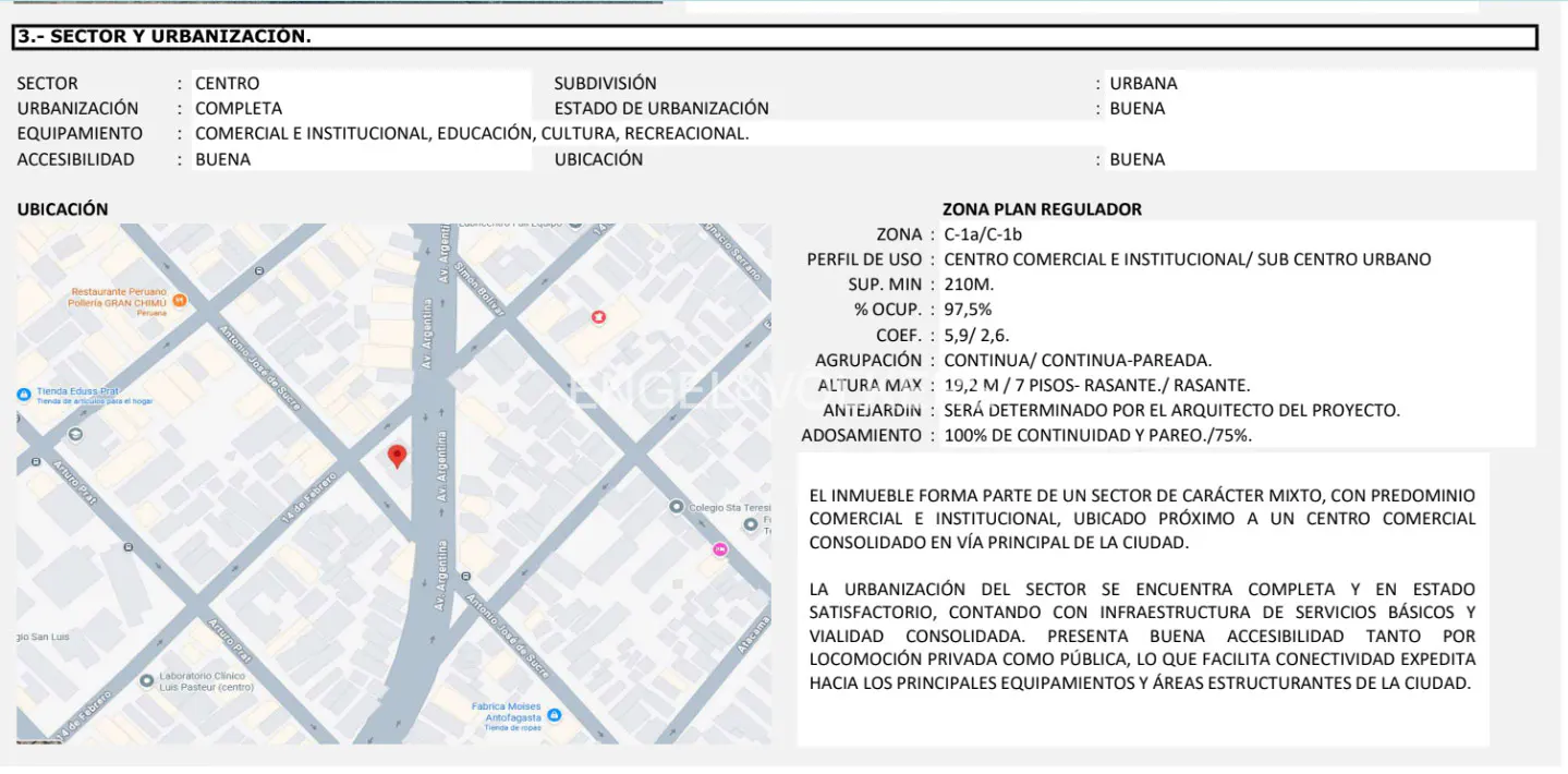 Real estate document showing sector and urbanization details. Includes a map with red location markers and zoning regulations.