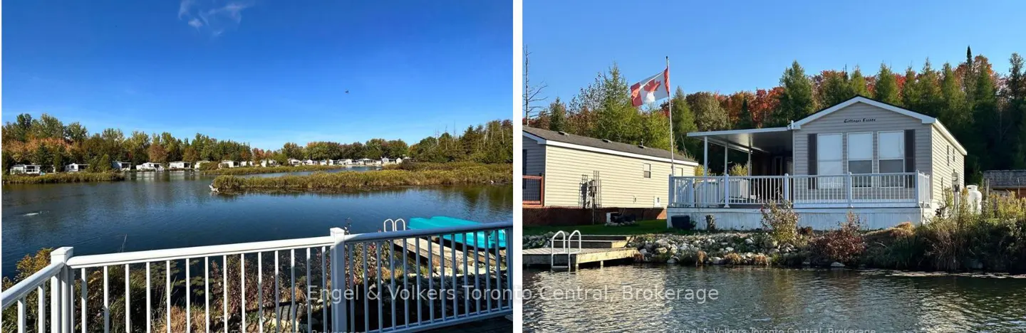 Waterfront property featuring cottages on a lake with fall foliage, and a Canadian flag waving in the breeze.