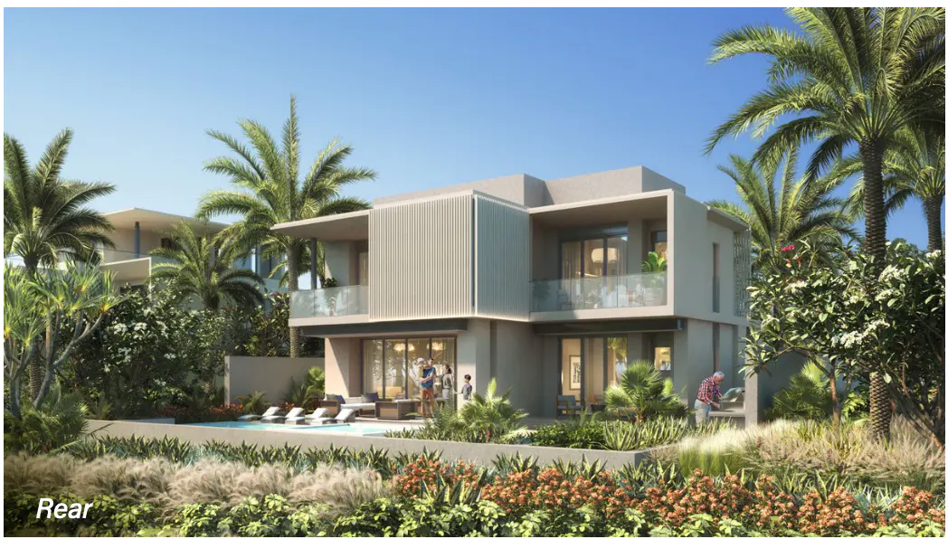 Two-story modern house with a pool, lounge chairs, and tropical landscaping under a blue sky. A family stands near the patio.