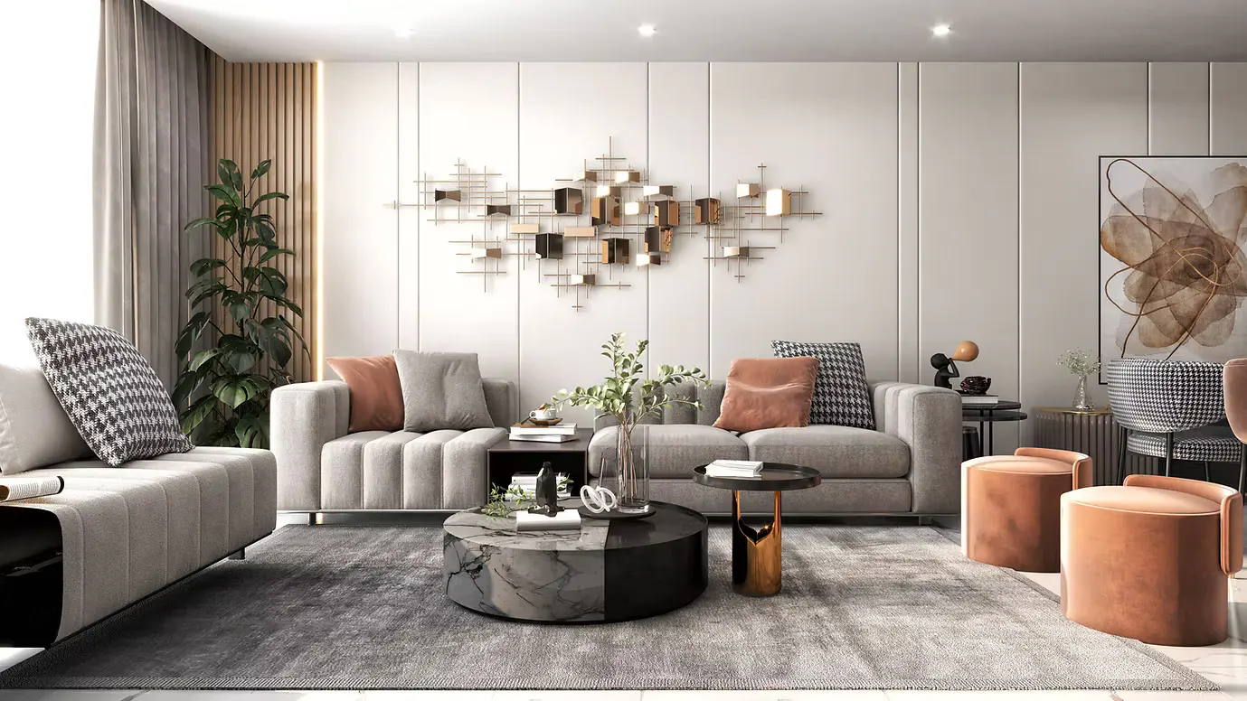 Living room with gray sofas, marble coffee table, and orange ottomans on a gray rug. A gold geometric sculpture hangs on the white wall.