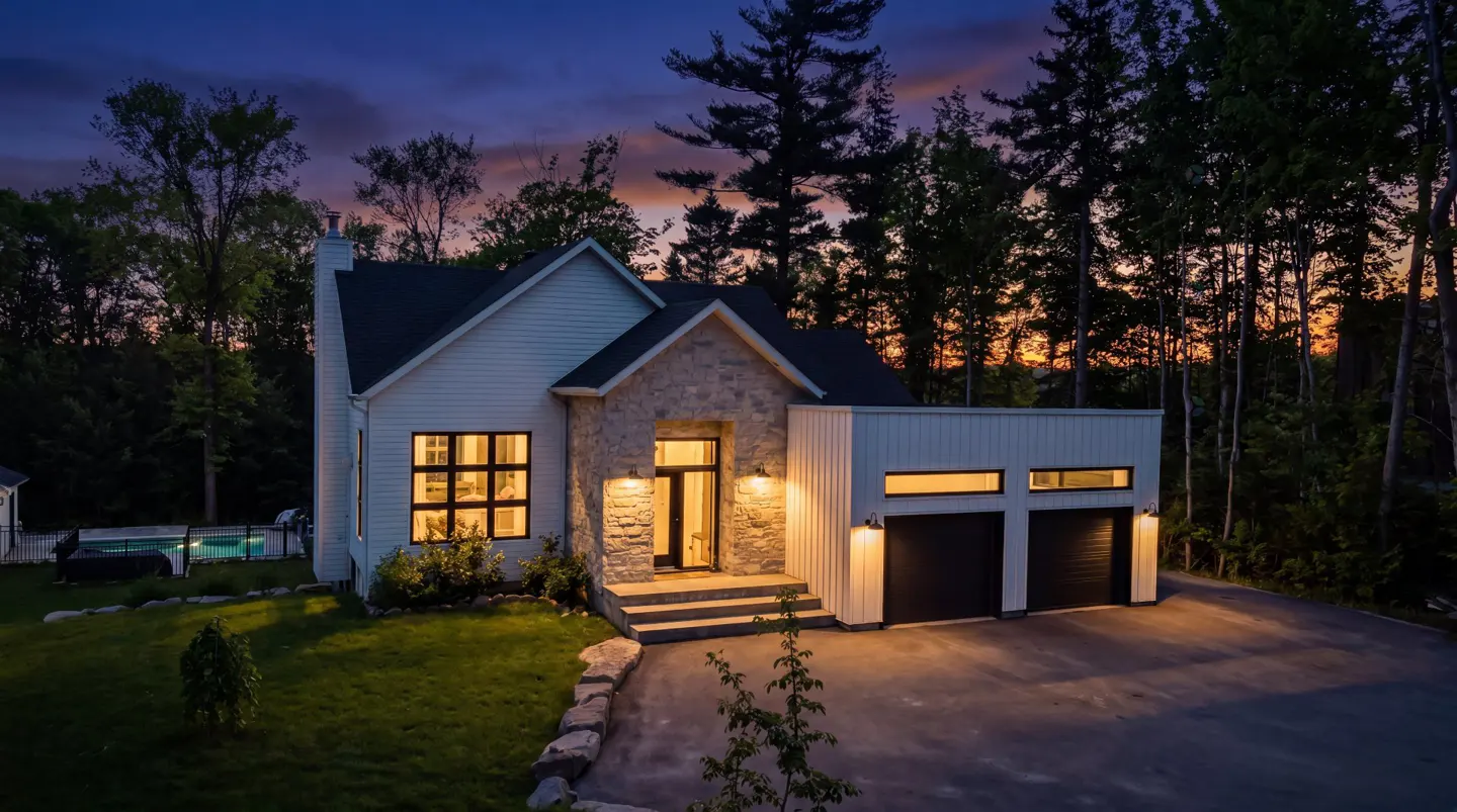 Exterior shot of a modern white house with a stone facade and black garage doors at dusk.