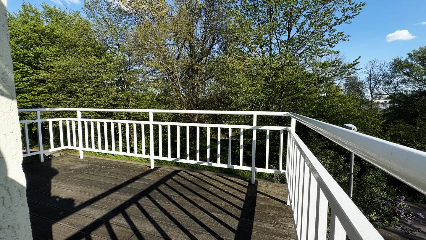 A wooden deck with a white railing overlooks green trees under a blue sky.