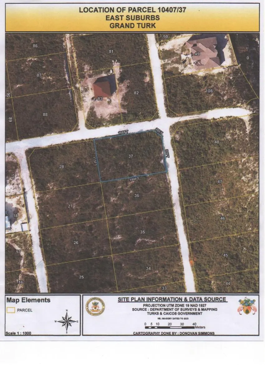Land plot map of parcel 10407/37 in East Suburbs, Grand Turk. The plot is outlined in blue, surrounded by other numbered parcels.