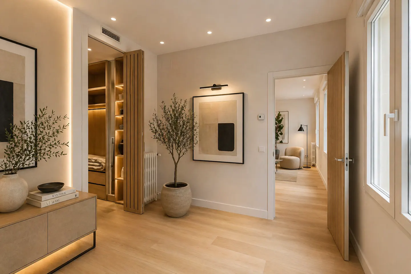 Bright hallway with light wood floors, beige walls, and natural light. A closet, art, and potted tree add detail. Doorway leads to a living area.