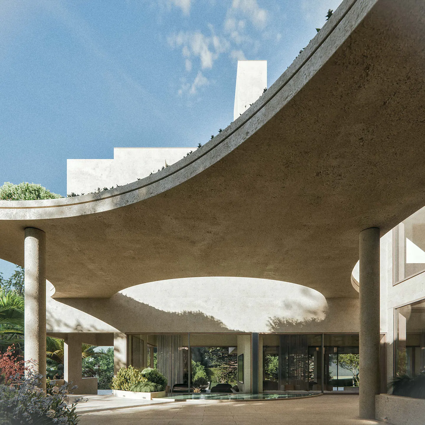 Exterior view of a modern home with a curved concrete awning supported by pillars, reflecting light. Lush greenery surrounds the entrance.