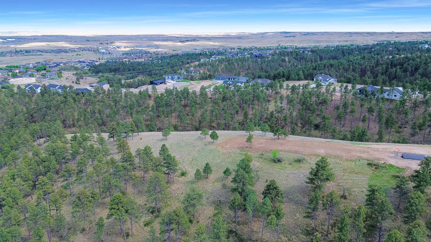 Aerial view of a grassy, pine-covered hillside overlooking a residential neighborhood and distant rolling plains.