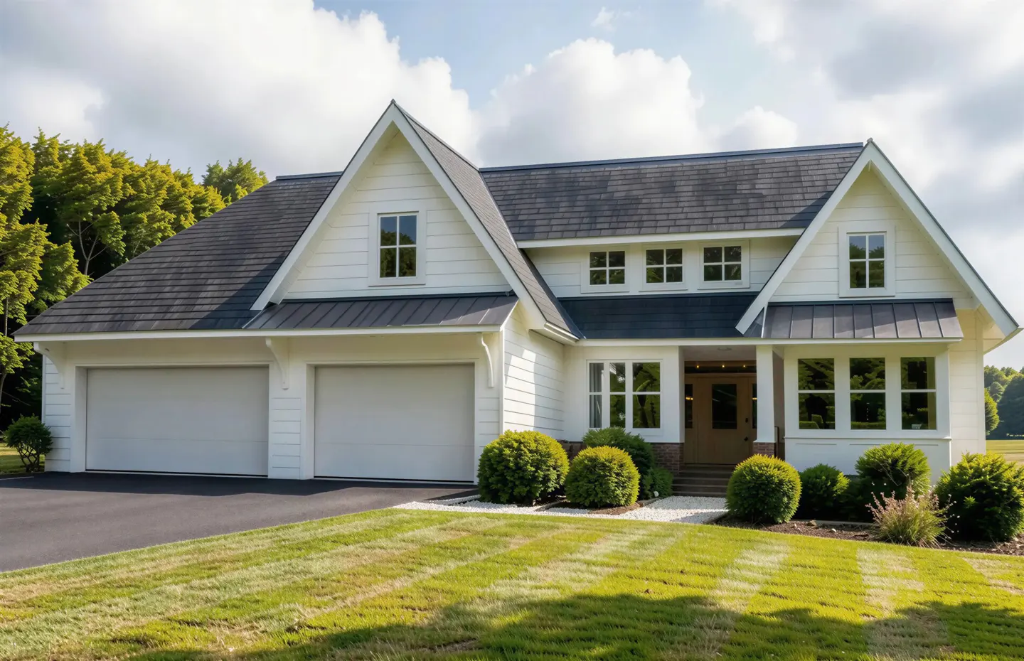 A white, two-story house with a gray roof, a two-car garage, and a green lawn.