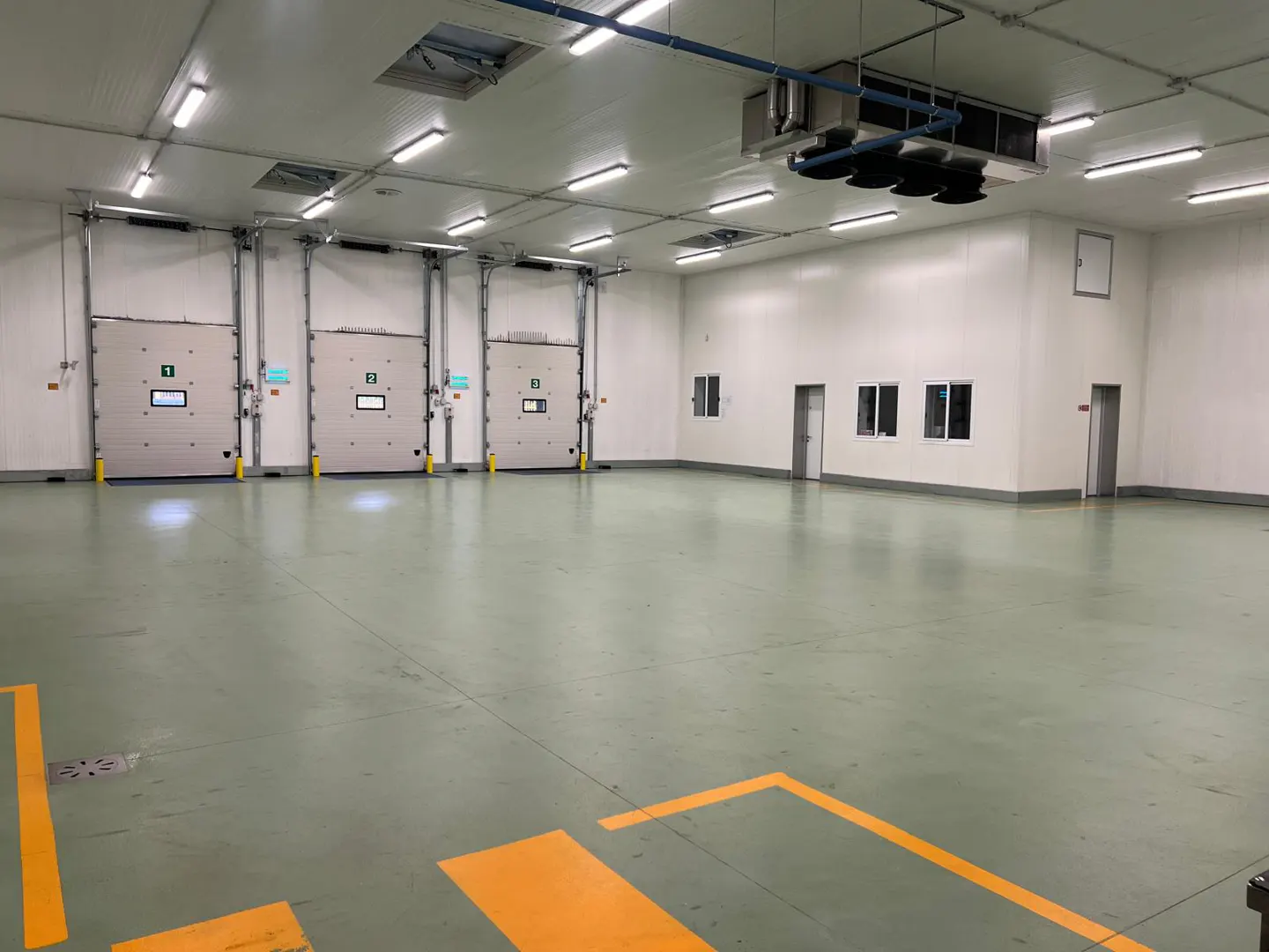 A large, empty warehouse with three numbered loading doors, white walls, and a light green floor with yellow markings.
