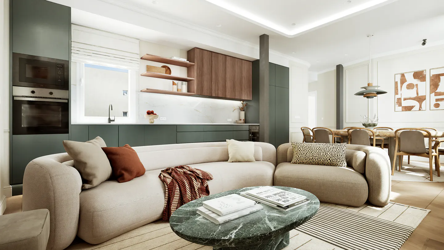 Open-concept living space with a beige sofa, green cabinets, and a dining table. A marble coffee table sits on a striped rug.