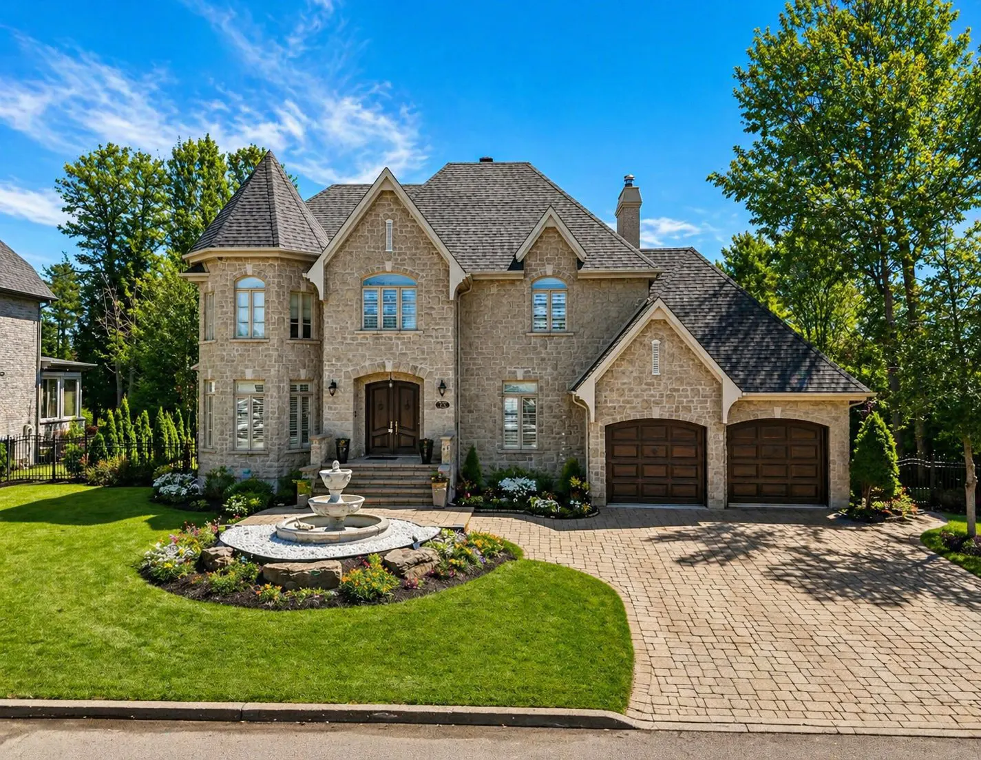 Two-story stone house with a turret, dark roof, and a fountain in the front yard. A brick driveway leads to a two-car garage.