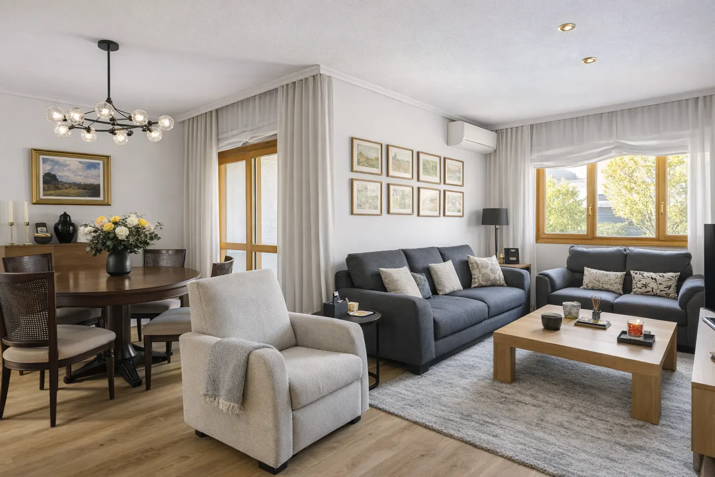 Living room with gray sofas, wood floors, and a round dining table. White walls and curtains create a bright, airy space.