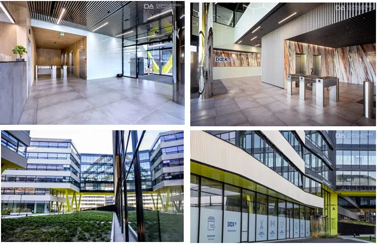 Four-panel image showing the interior and exterior of a modern office building with glass windows and metal accents.