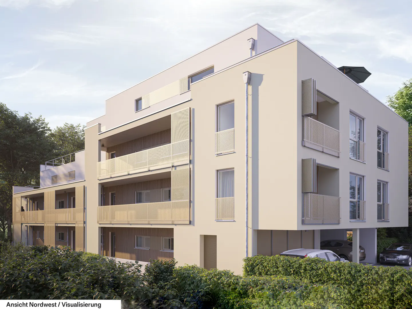 A modern, light-colored apartment building with balconies and metal screens, surrounded by trees and a parking area.