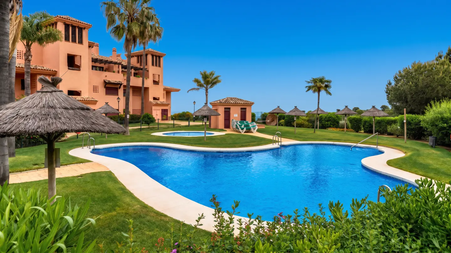 A bright blue swimming pool is surrounded by green grass, palm trees, and a peach-colored building under a clear blue sky.