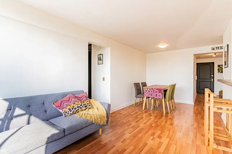 Living room with a gray sofa, colorful pillows, and a yellow throw blanket. A dining table with chairs sits on a wood floor.