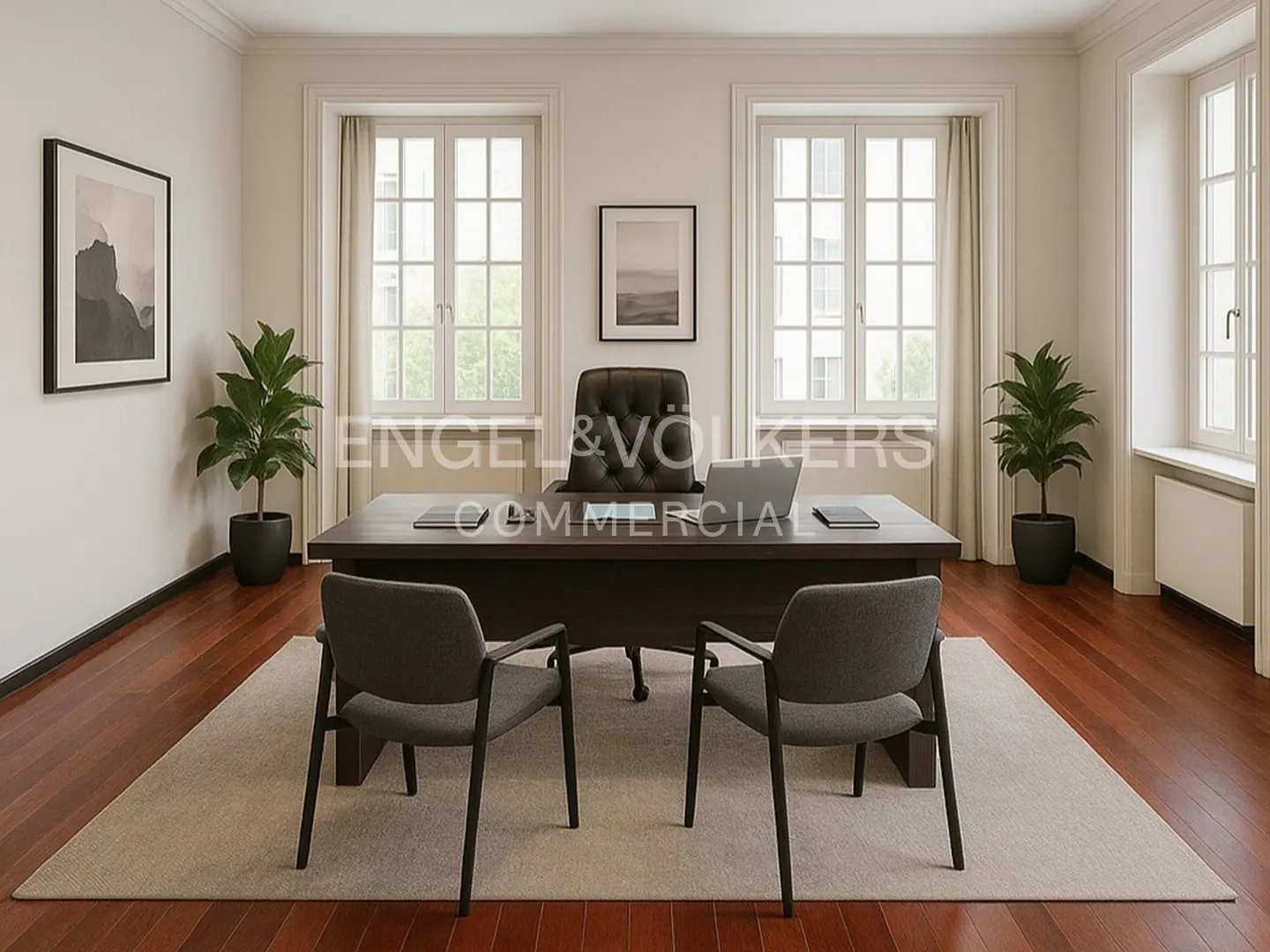 Office interior with a dark wood desk, leather chair, two gray guest chairs, and hardwood floors. Two windows and artwork are visible.
