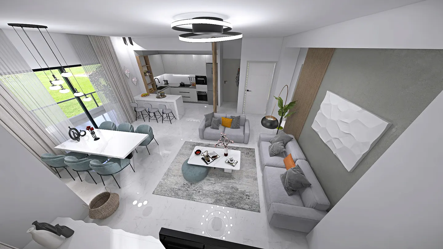 A bright, modern living space with a dining area, sofas, and an open kitchen. The color palette is mostly white and gray.