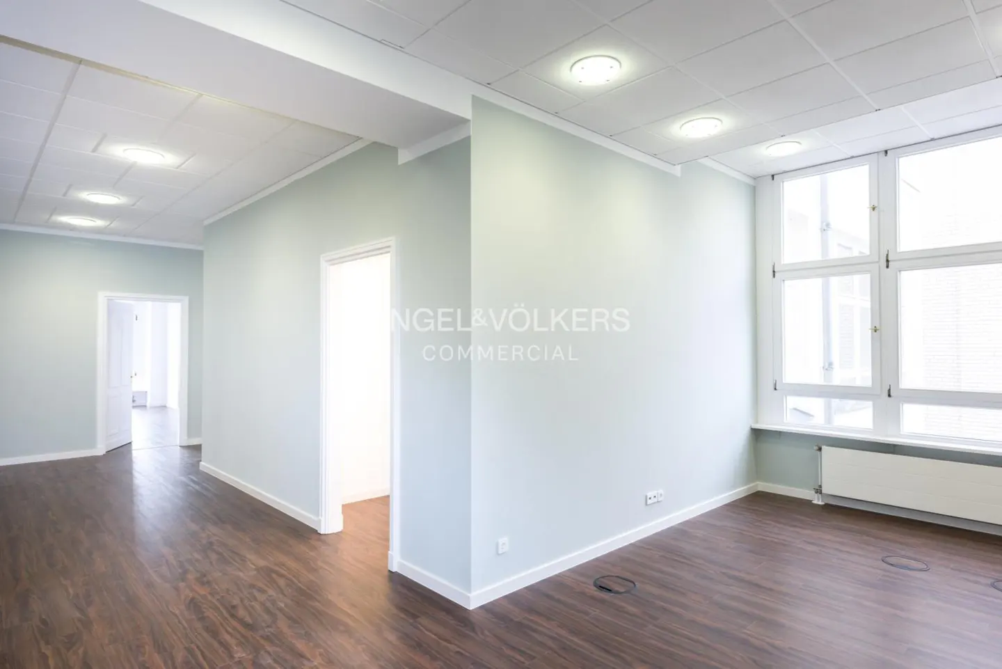 Bright office space with wood floors, pale blue walls, and white trim. Windows let in natural light. "Engel & Völkers Commercial" logo on wall.