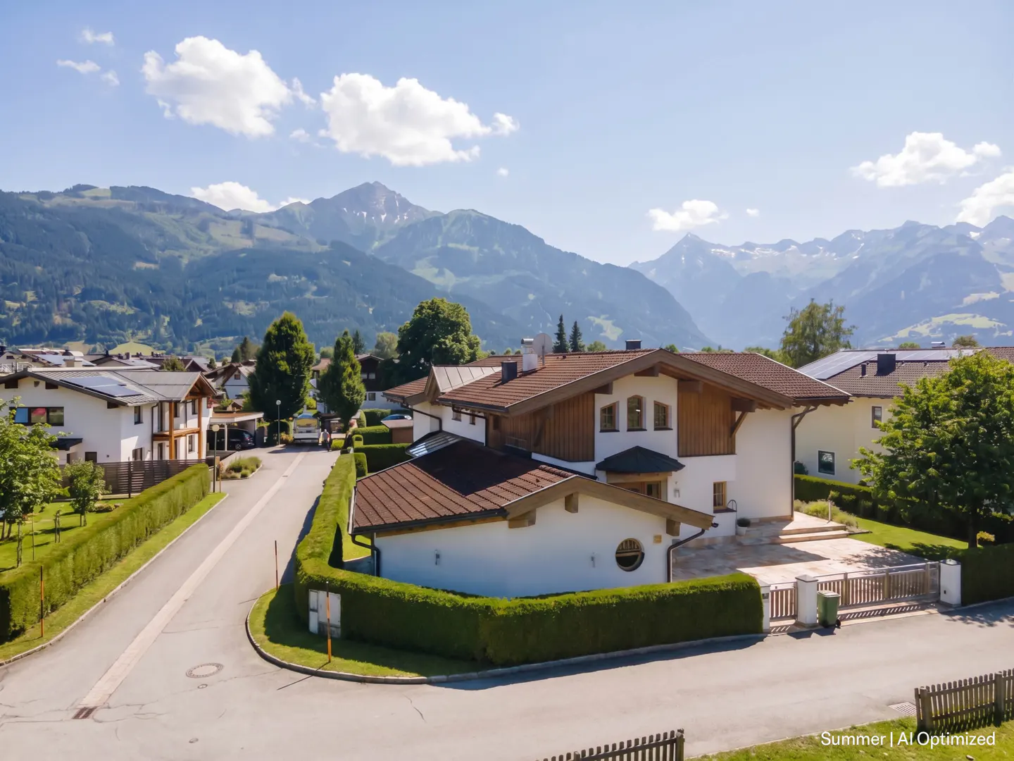 A white house with a brown roof, surrounded by green hedges, sits against a mountain backdrop.
