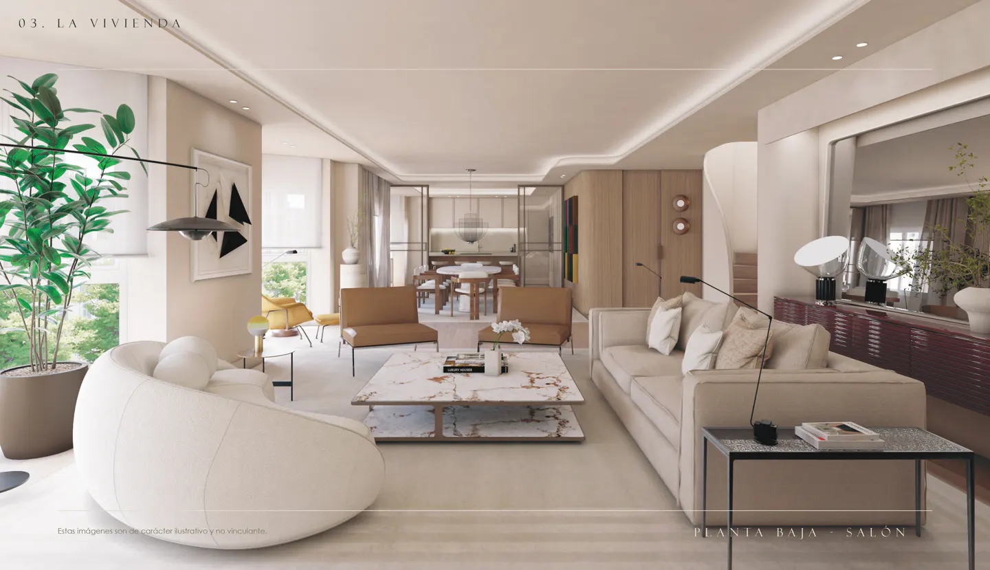 A bright, modern living room with a white sofa, marble coffee table, and tan chairs. A large potted plant sits near a window.
