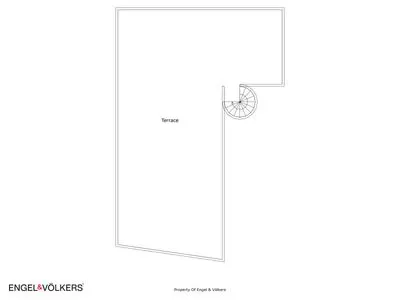 Black and white floor plan outline of an L-shaped terrace with a small circular staircase in the corner.