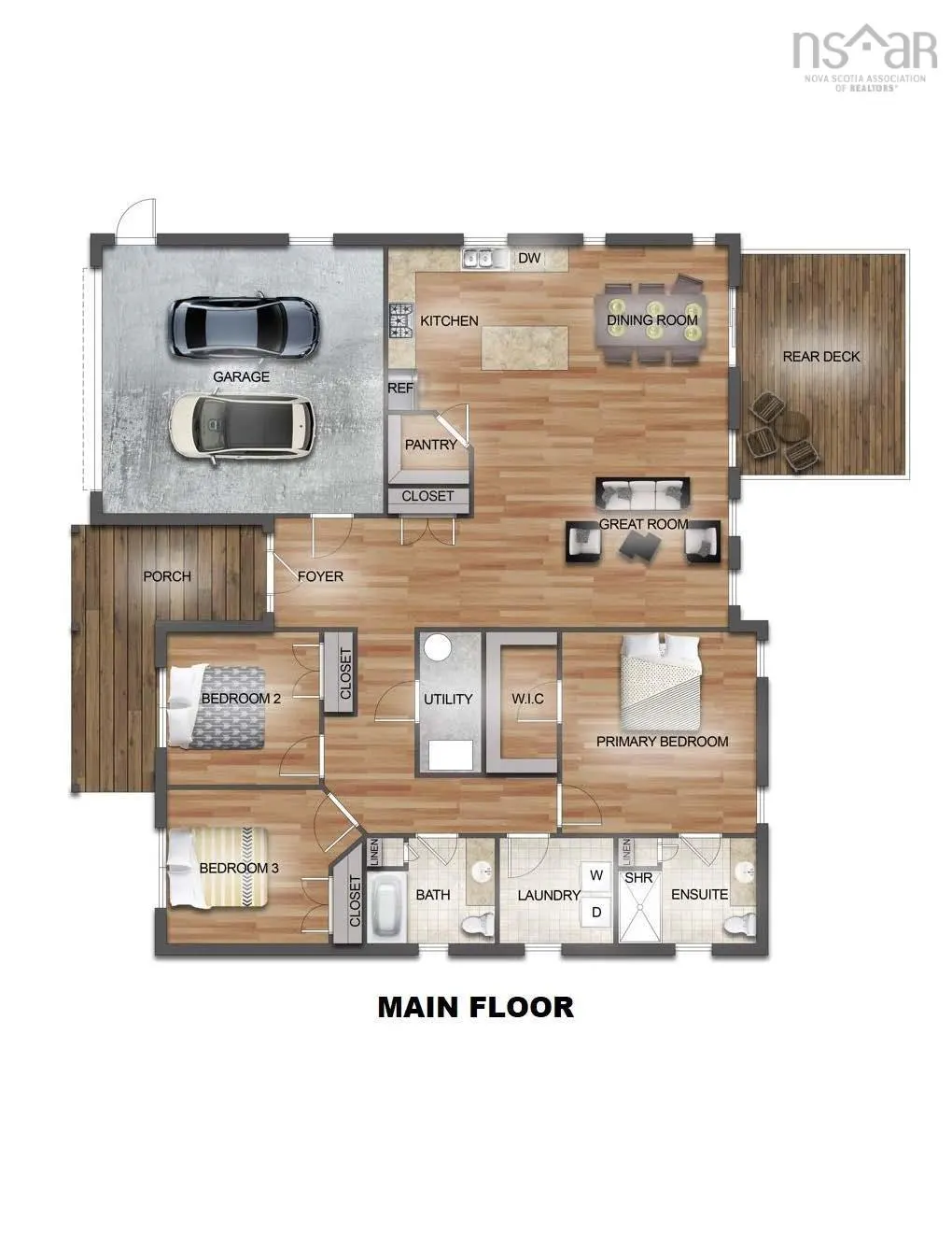 Floor plan of a house's main level, featuring a garage, kitchen, dining room, great room, bedrooms, and a rear deck.