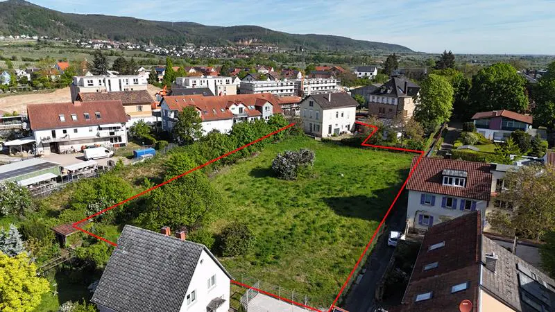 Aerial view of a grassy lot outlined in red, surrounded by houses and trees, with mountains in the background.