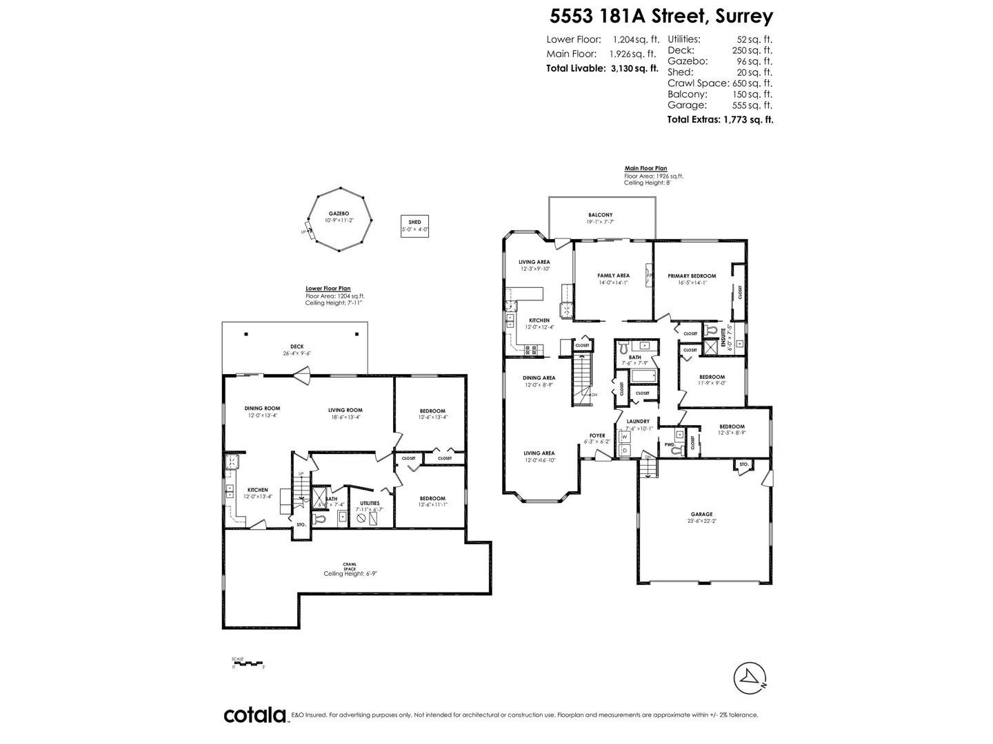 Floor plan for 5553 181A Street, Surrey, showing layout, room dimensions, and square footage for two levels and exterior.