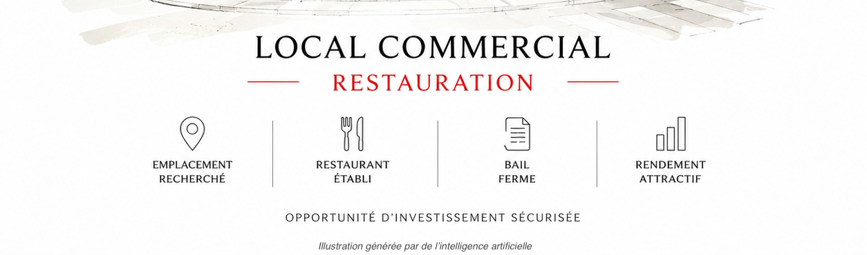 Infographic for a commercial restaurant investment featuring icons for location, established business, lease, and yield. [AI-generated text]