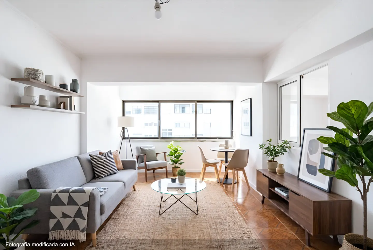 Bright living room with a gray sofa, glass table, and a jute rug. A dining table sits near a large window with a city view. Shelves and plants add decor.