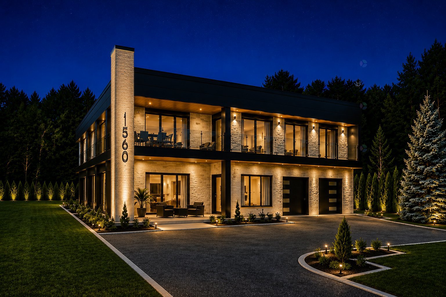 Modern two-story home with stone facade, black trim, and illuminated address 1560 at night, set against a dark forest.