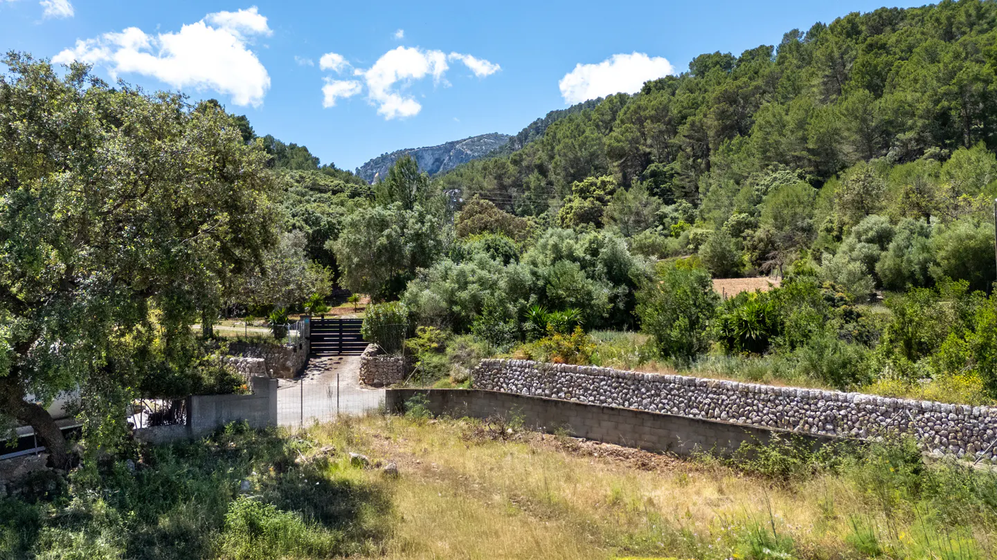 Gated driveway leading to a lush green hillside under a blue sky with scattered clouds. Stone wall borders the driveway.