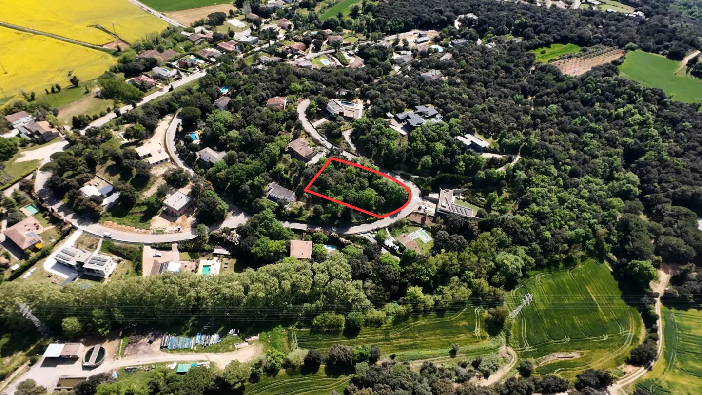 Aerial view of a wooded lot outlined in red, surrounded by homes and green trees.
