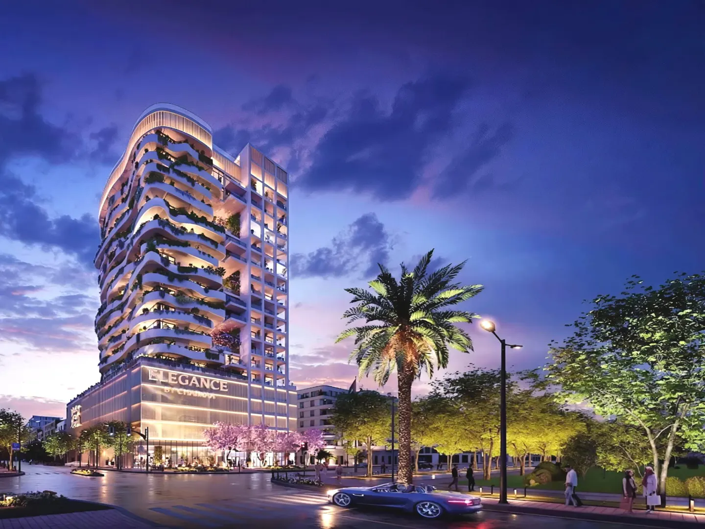Modern high-rise apartment building with curved balconies and greenery at twilight, featuring a street-level view.