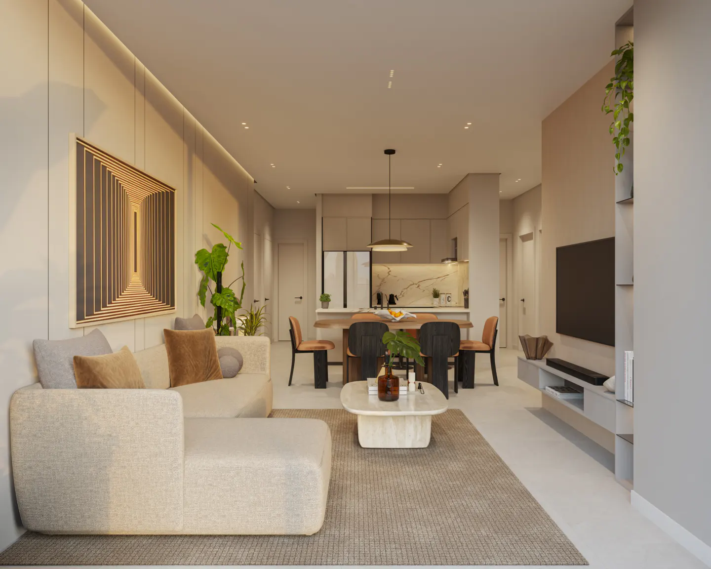A modern living room with a beige sofa, a marble coffee table, and a dining area with a wooden table and chairs. A large TV is mounted on the wall.
