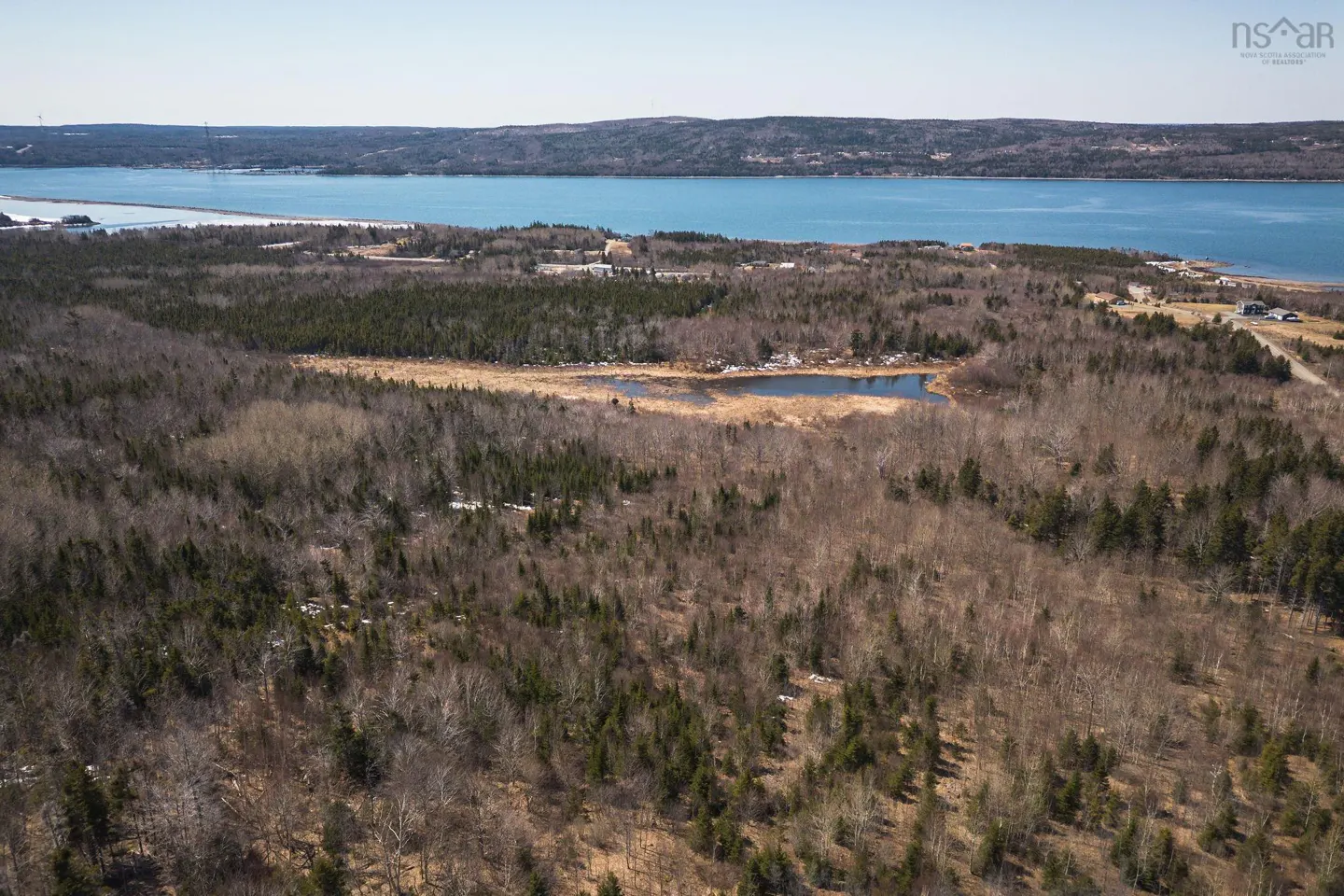Aerial view of wooded land with a small pond, leading to a blue bay and distant hills under a clear sky.