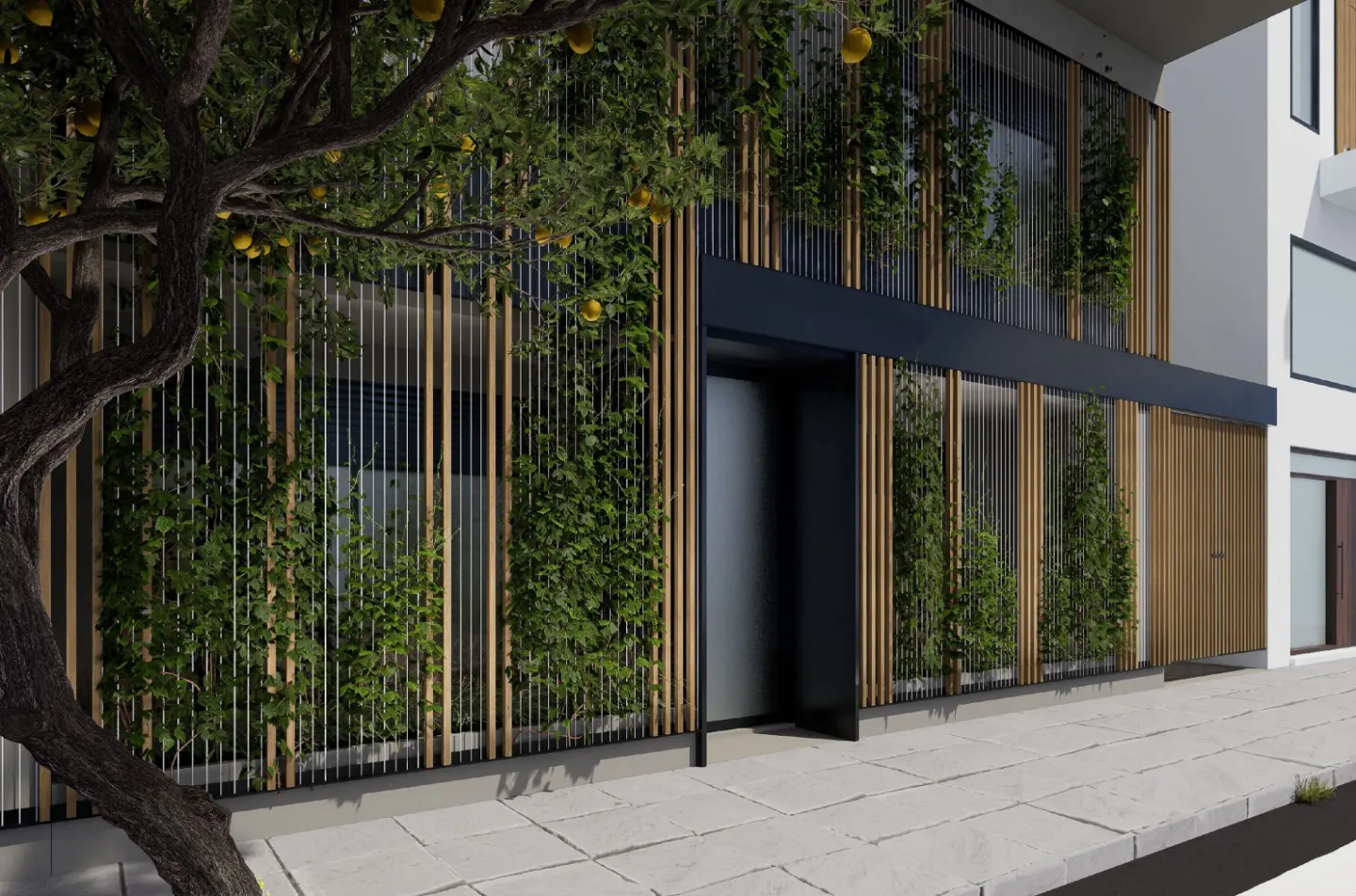 Modern building facade with vertical wood slats and climbing green vines. A tree with yellow fruit is on the left.