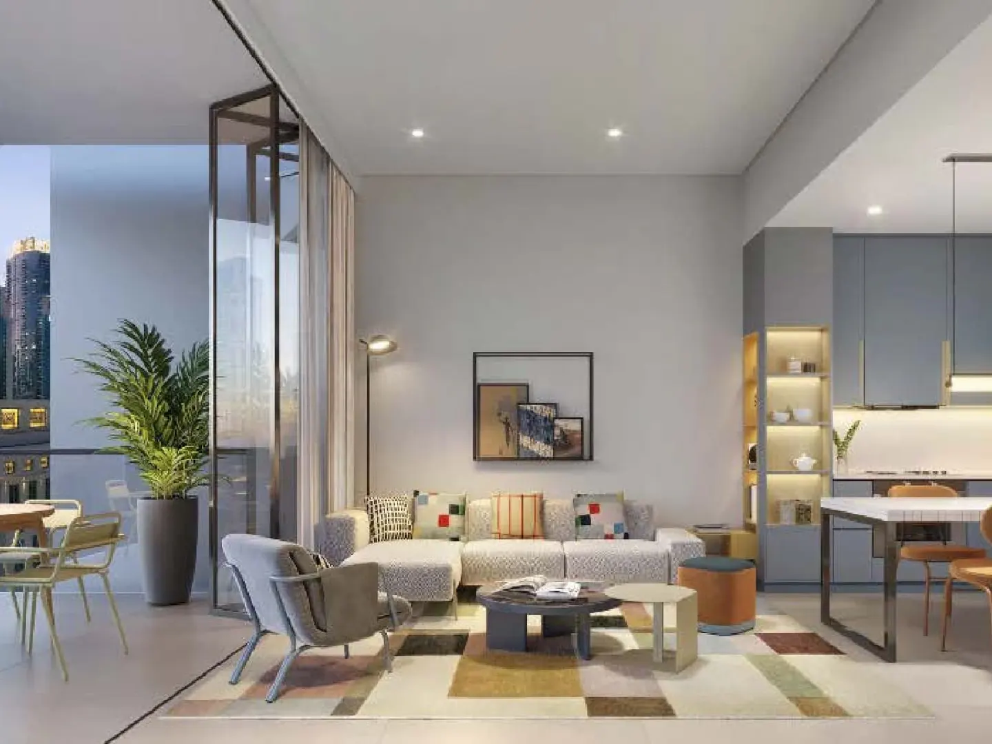 A modern apartment living room with a gray sofa, colorful pillows, and a view of the city skyline.