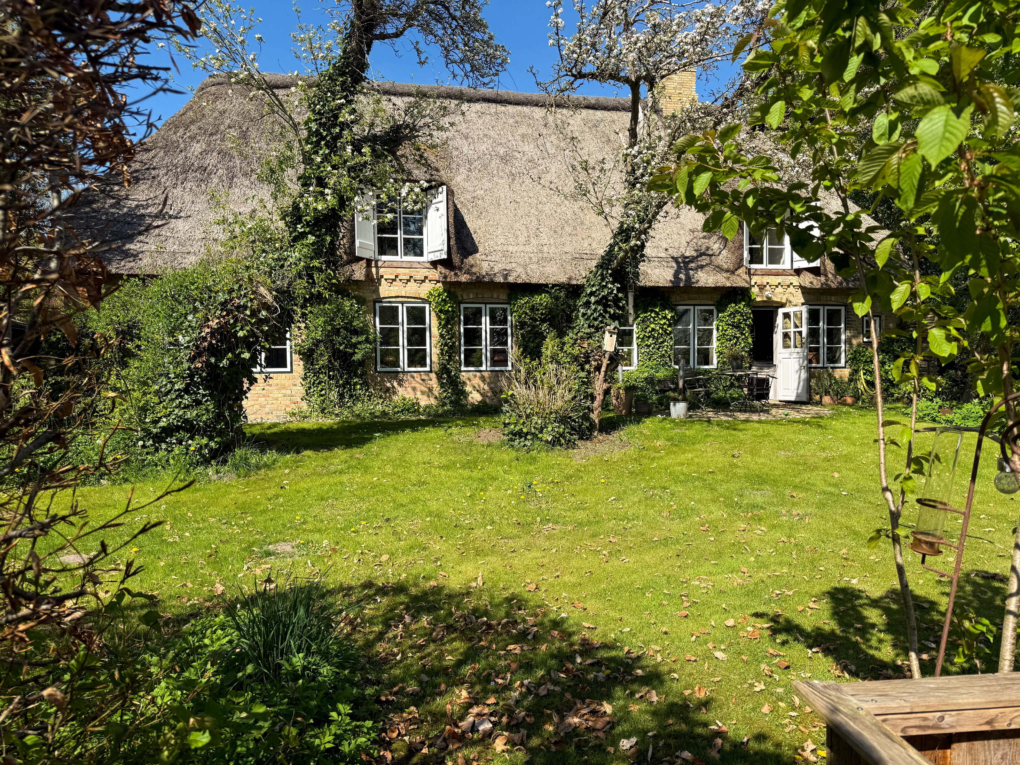A charming cottage with a thatched roof, white-framed windows, and ivy-covered walls, set in a lush, sunny green garden. [AI-generated text]