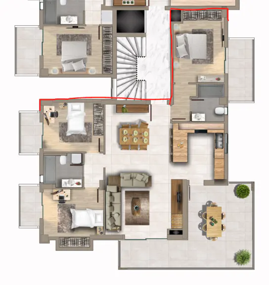 Top-down floor plan of a multi-bedroom home with a central staircase, kitchen, living area, and a large outdoor patio.