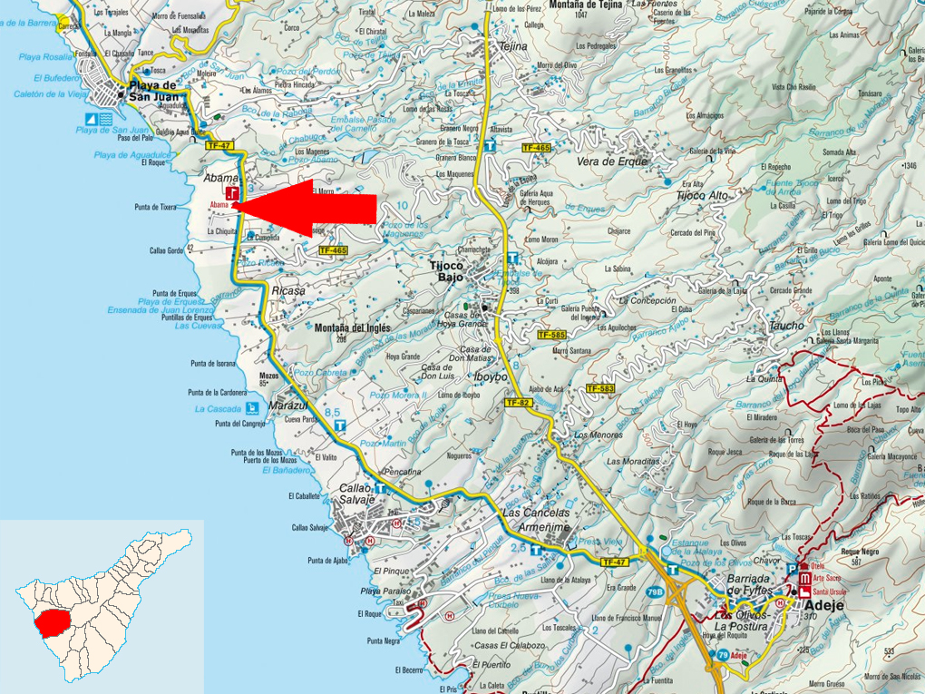 Map showing Abama, Tenerife, with a red arrow pointing to the location. The map shows roads, towns, and geographical features. The island's location is highlighted in red on a smaller map.