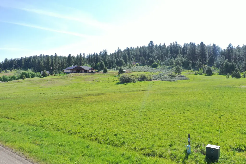 A wide shot of a house on a hill, surrounded by a green field and a forest under a blue sky.