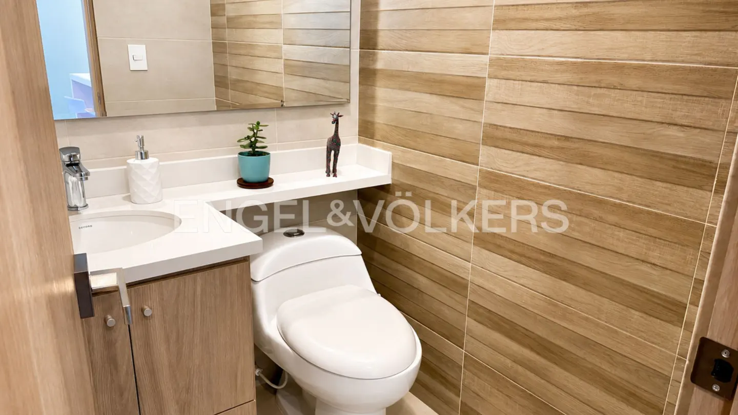 Bathroom with a white toilet, sink, and wood-look tile walls. A mirror and small shelf with decor are above the toilet.