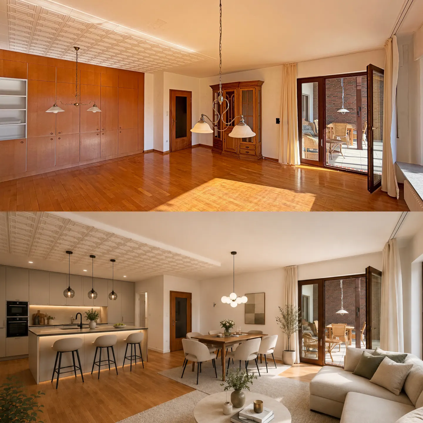 Before and after split image of a living space renovation, showing updated kitchen, dining, and living areas.
