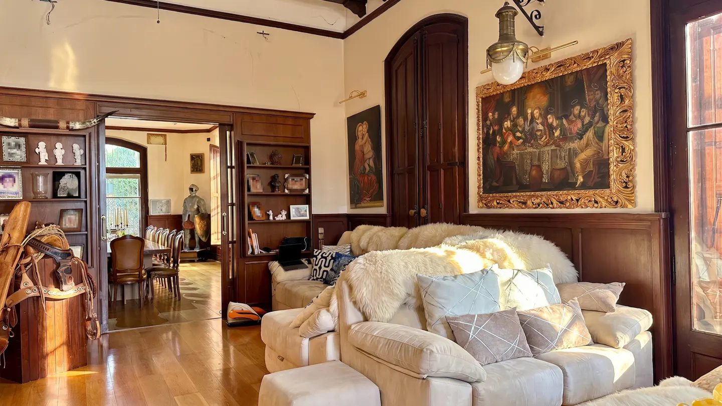 Living room with hardwood floors, a beige sofa with pillows, and dark wood built-in shelving. A painting hangs above the sofa.